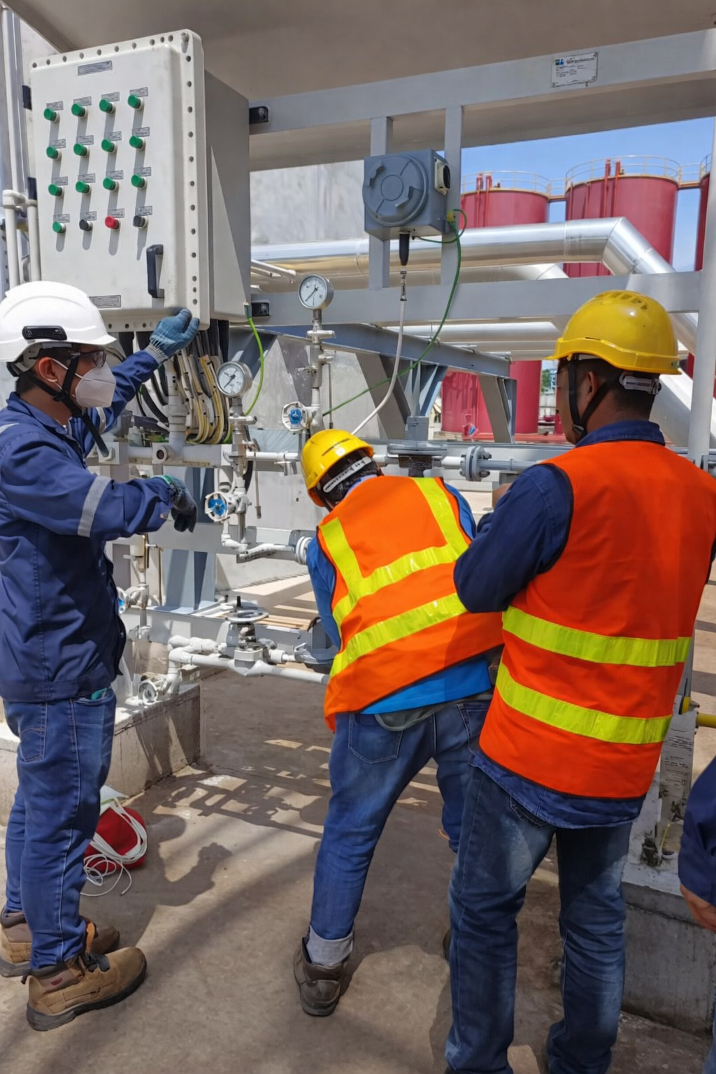 Engineering team performing site commissioning